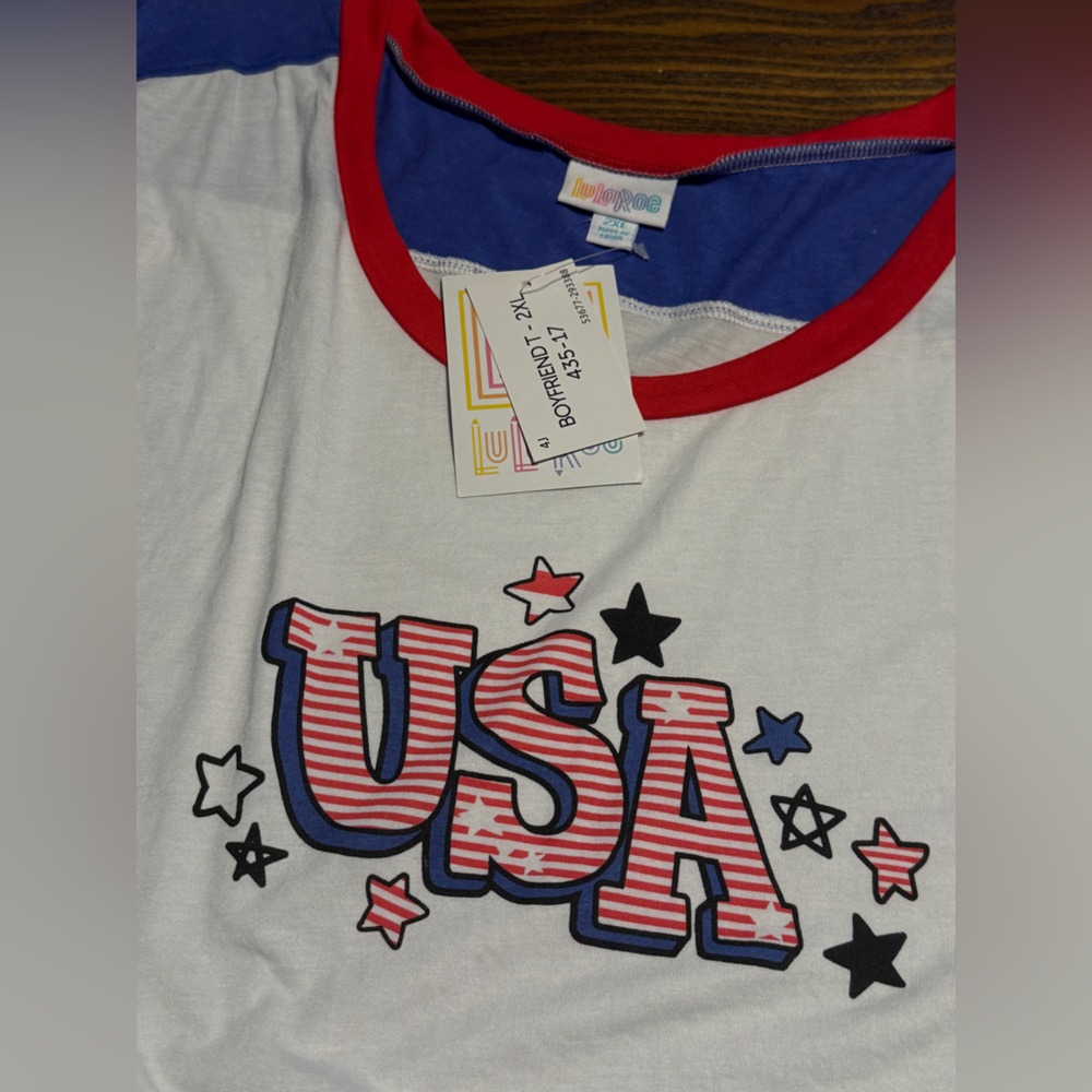 LuLaRoe Boyfriend Tee 2XL USA Americana Patriotic Red White Blue Stars Stripes - Picture 12 of 13